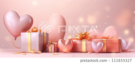 Heart balloons and ribbon-tied gift boxes celebrate love, Ai Generated 111833327