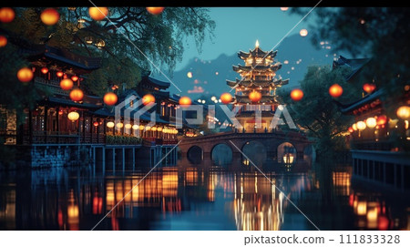 A traditional Chinese Buddhist Temple, aglow for the Mid-Autumn Festival, radiates heritage, Ai Generated. 111833328