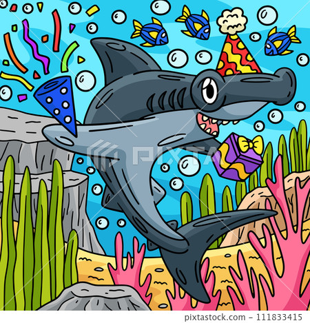 Shark with Party Hat and Confetti Colored Cartoon Shark with Party Hat and Confetti Colored Cartoon 111833415