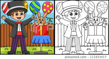 Birthday Magician with Bunny Coloring Illustration Birthday Magician with Bunny Coloring Illustration 111833417