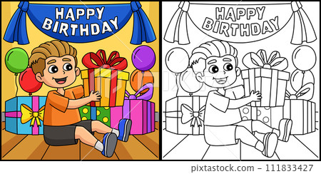 Boy with a Birthday Present Coloring Illustration Boy with a Birthday Present Coloring Illustration 111833427