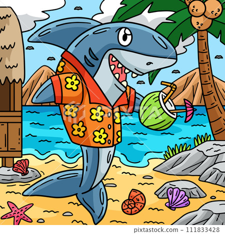 Shark with Tropical Drink Colored Cartoon Shark with Tropical Drink Colored Cartoon 111833428