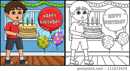 Boy Blowing Happy Birthday Cake Illustration Boy Blowing Happy Birthday Cake Illustration 111833429