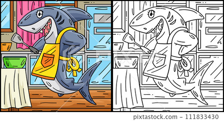 Shark with an Apron and Spatula Illustration 111833430