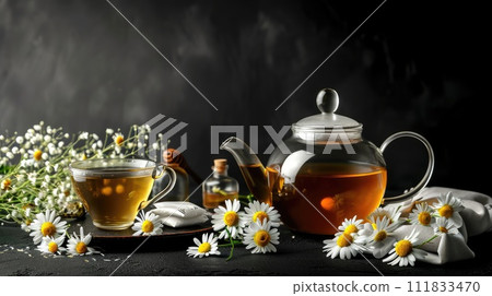 Glass teapot and cup of tea with honey and daisies, Ai Generated 111833470