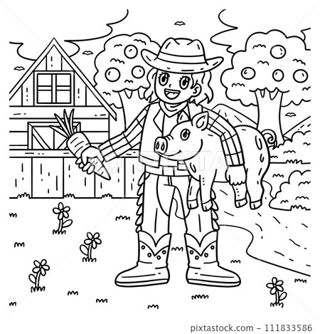 Cowgirl with Piglet and Carrot Coloring Page 111833586