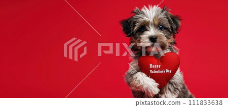 Puppy stands holding a red heart, radiating cuteness, Ai Generated Puppy stands holding a red heart, radiating cuteness, Ai Generated 111833638