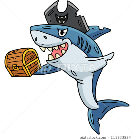 Pirate Shark with a Treasure Chest Cartoon Clipart 111833824