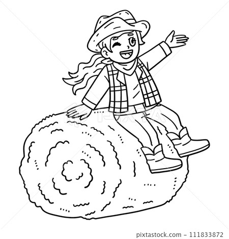 Cowgirl Sitting on Hay Bale Isolated Coloring Page Cowgirl Sitting on Hay Bale Isolated Coloring Page 111833872