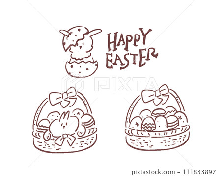 Line drawing of eggs and rabbit basket Easter hand-drawn illustration set 111833897