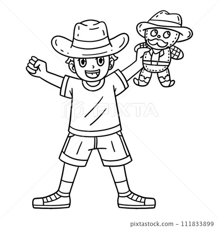 Boy with a Cowboy Toy Isolated Coloring Page 111833899