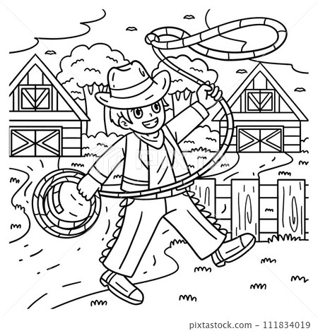Cowboy with Lasso Coloring Page for Kids 111834019