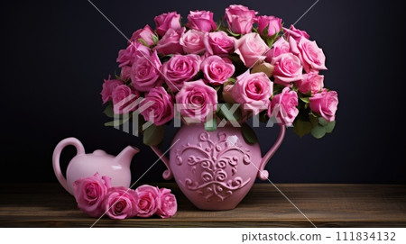 Gorgeous fresh pink roses arranged in a heart-shaped vase against a dark backdrop, Ai Generated. 111834132