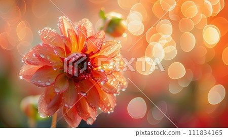 Capturing the beauty of a dew-kissed flower in mesmerizing macro photography against an abstract bokeh background, Ai Generated. 111834165