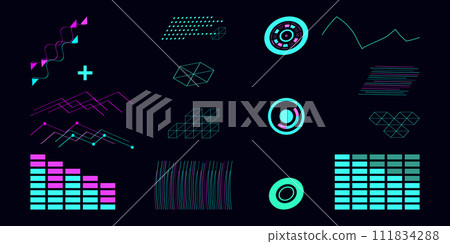 Tech template in cyberpunk style geometric shape. Design social networks mobile application banners poster postcard presentation and advertisement. Vector illustration. 111834288