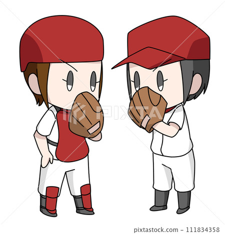Illustration of a baseball battery holding a meeting on the mound/Girls Illustration of a baseball battery holding a meeting on the mound/Girls 111834358