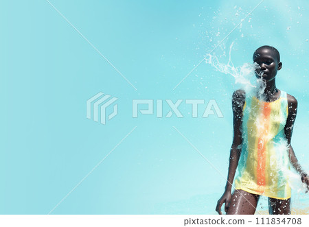 AI-generated content. Mockup Pretty African American Girl in Summer Bright Dress Under Splash Of Water on Blue Sky Background. Vibrant Fashion, Hot Summer. Vacation. Design Space For Text. AI 111834708