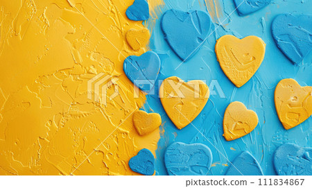 Decorative plaster on the wall with a textured heart, painted in blue and yellow colors as a sign of support for people with down syndrome. Generated AI 111834867