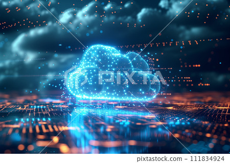 An abstract representation of cloud computing, with a holographic cloud symbol integrated into a complex circuit board, symbolizing the interconnected nature of modern digital storage solutions. 111834924