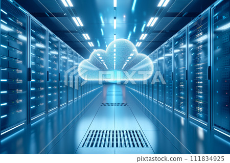 A visually striking image of a data center with rows of server racks, highlighted by a vibrant holographic cloud, representing the futuristic and powerful capabilities of cloud computing technology. 111834925