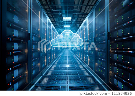 A visually striking image of a data center with rows of server racks, highlighted by a vibrant holographic cloud, representing the futuristic and powerful capabilities of cloud computing technology. A visually striking image of a data center with rows of server racks, highlighted by a vibrant holographic cloud, representing the futuristic and powerful capabilities of cloud computing technology. 111834926