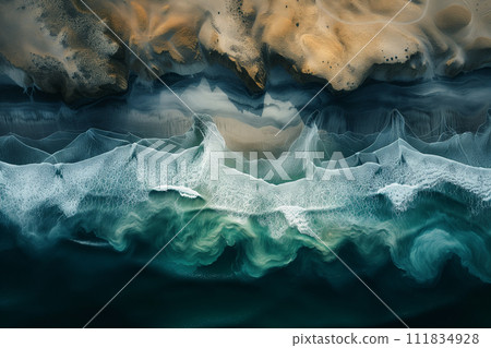 An aerial view of a serene turquoise river winding through a lush gorge with dense greenery and rocky cliffs, encapsulating the tranquil beauty and untouched wilderness. 111834928