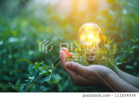A human hand gently cradles a glowing light bulb sprouting from verdant foliage, symbolizing innovative green energy solutions harmoniously integrated with nature. A human hand gently cradles a glowing light bulb sprouting from verdant foliage, symbolizing innovative green energy solutions harmoniously integrated with nature. 111834934
