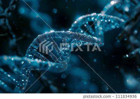 A close-up of a DNA double helix illuminated with a blue glow and surrounded by particles, symbolizing the essence of life and genetic complexity. A close-up of a DNA double helix illuminated with a blue glow and surrounded by particles, symbolizing the essence of life and genetic complexity. 111834936