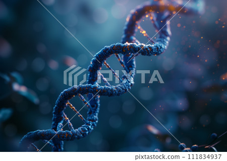 A close-up of a DNA double helix illuminated with a blue glow and surrounded by particles, symbolizing the essence of life and genetic complexity. 111834937