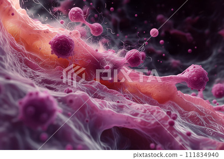 A detailed illustration of cancer cells in a dynamic and textured environment, showcasing the complexity and intricacy of oncological cellular structures within the human body. 111834940
