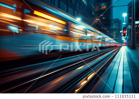 A city tram captured in a stunning motion blur as it speeds through the urban nightscape, its lights creating a colorful streak against the backdrop of the city. 111835131