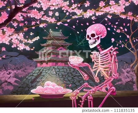A scene where a pink skeleton is enjoying cherry blossom viewing in front of the castle. 111835135