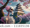 A scene where a pink skeleton is enjoying cherry blossom viewing in front of the castle. 111835136