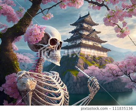 A scene where a pink skeleton is enjoying cherry blossom viewing in front of the castle. A scene where a pink skeleton is enjoying cherry blossom viewing in front of the castle. 111835136