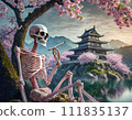 A scene where a pink skeleton is enjoying cherry blossom viewing in front of the castle. 111835137