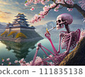 A scene where a pink skeleton is enjoying cherry blossom viewing in front of the castle. 111835138
