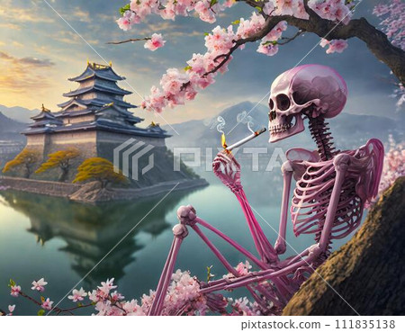 A scene where a pink skeleton is enjoying cherry blossom viewing in front of the castle. 111835138