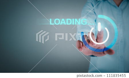 Businessman showing virtual glowing open button to download and loading data information and upload on system network application, Technology data transformation concept, data transfer. Businessman showing virtual glowing open button to download and loading data information and upload on system network application, Technology data transformation concept, data transfer. 111835455