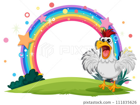 Cheerful Chicken Under a Magical Rainbow Cheerful Chicken Under a Magical Rainbow 111835626