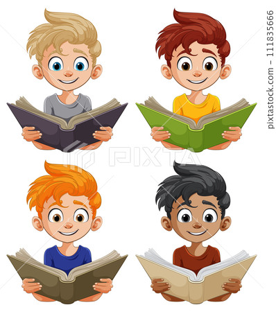 Happy Children Enjoying Reading Books Happy Children Enjoying Reading Books 111835666