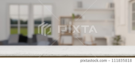 Empty space on a white tabletop with a blurred background of a contemporary living room. 111835818