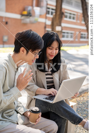 Two smart Asian students are collaborating on a project while sitting together in the park. 111836104