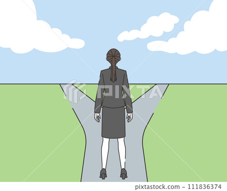 A businesswoman at a crossroads in life 111836374