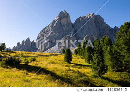 Awesome sunny landscape in Dolomites Alps. Munt de Fornella, artistic picture. Beauty of mountains world. Nature Background. South 111836545