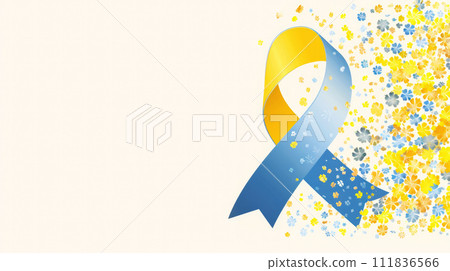 A banner with a place to copy with an image of a loop ribbon and yellow-blue spring flowers is a symbol of Down Syndrome Day. Generated AI 111836566