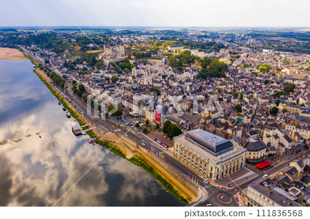 Aerial view of the city of Saumur and medieval castle Saumur on the banks of the Loire river 111836568