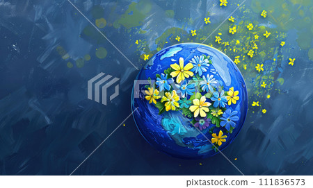 An illustration depicting a globe of the earth decorated with yellow and blue flowers - the colors of the World Down Syndrome Day symbol. Environmental protection. Generated AI 111836573