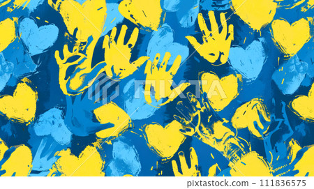 Background with palm prints and hearts in blue and yellow. World Down Syndrome Day. Generated AI Background with palm prints and hearts in blue and yellow. World Down Syndrome Day. Generated AI 111836575
