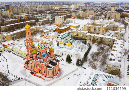 Aerial view of the Cathedral of the Ascension of the Lord in city of Tambov. Russia 111836599