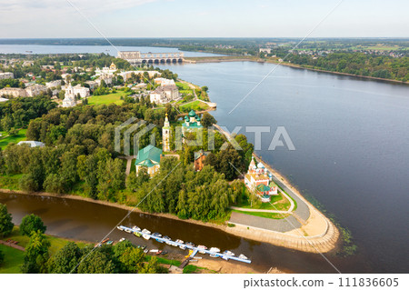 Drone view of the Volga River and temples, as well as residential areas in the city of Uglich 111836605